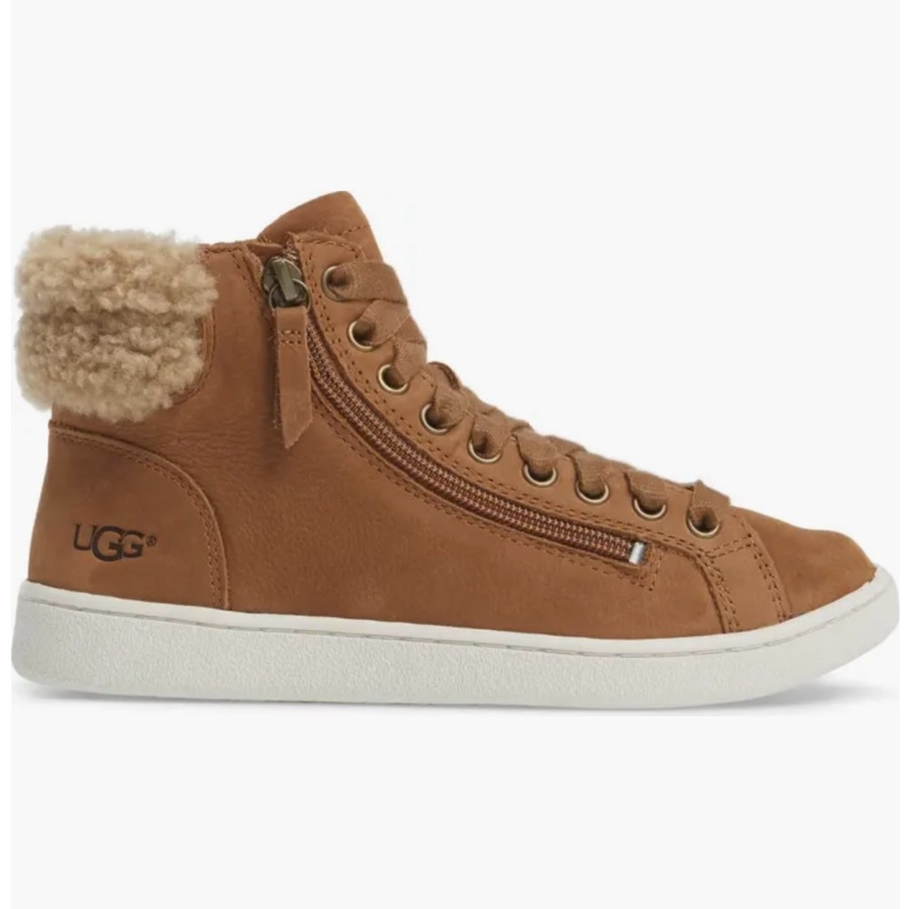 UGG Olive Genuine Shearling Cuff Sneaker in Chestnut Nubuck Leather Size 9